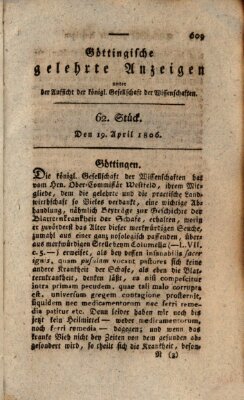 Göttingische gelehrte Anzeigen (Göttingische Zeitungen von gelehrten Sachen) Samstag 19. April 1806