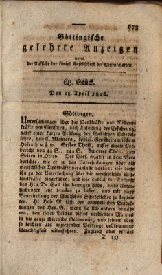 Göttingische gelehrte Anzeigen (Göttingische Zeitungen von gelehrten Sachen) Montag 28. April 1806