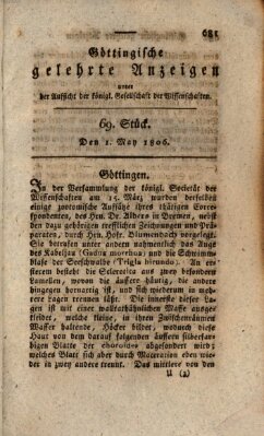 Göttingische gelehrte Anzeigen (Göttingische Zeitungen von gelehrten Sachen) Donnerstag 1. Mai 1806