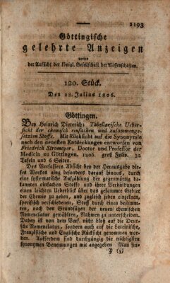 Göttingische gelehrte Anzeigen (Göttingische Zeitungen von gelehrten Sachen) Montag 28. Juli 1806