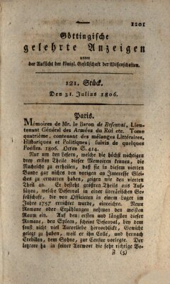 Göttingische gelehrte Anzeigen (Göttingische Zeitungen von gelehrten Sachen) Donnerstag 31. Juli 1806