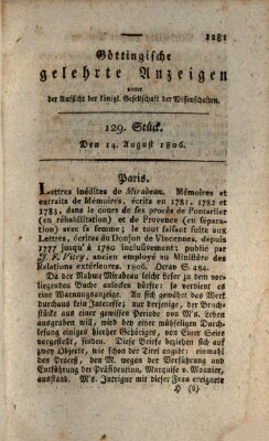 Göttingische gelehrte Anzeigen (Göttingische Zeitungen von gelehrten Sachen) Donnerstag 14. August 1806