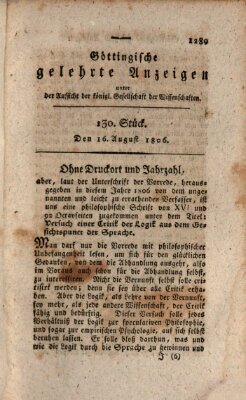 Göttingische gelehrte Anzeigen (Göttingische Zeitungen von gelehrten Sachen) Samstag 16. August 1806