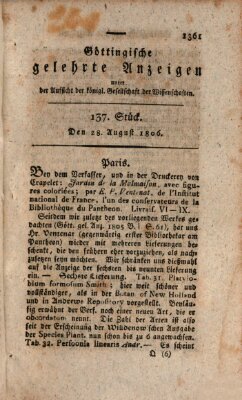 Göttingische gelehrte Anzeigen (Göttingische Zeitungen von gelehrten Sachen) Donnerstag 28. August 1806