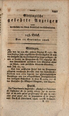 Göttingische gelehrte Anzeigen (Göttingische Zeitungen von gelehrten Sachen) Donnerstag 11. September 1806