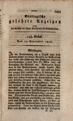 Göttingische gelehrte Anzeigen (Göttingische Zeitungen von gelehrten Sachen) Montag 15. September 1806