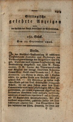 Göttingische gelehrte Anzeigen (Göttingische Zeitungen von gelehrten Sachen) Montag 22. September 1806