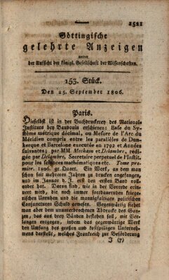 Göttingische gelehrte Anzeigen (Göttingische Zeitungen von gelehrten Sachen) Donnerstag 25. September 1806