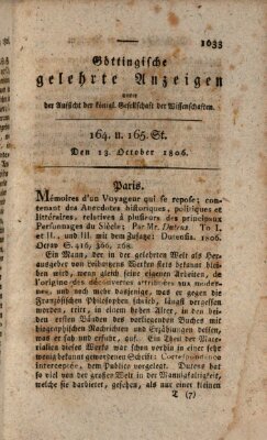 Göttingische gelehrte Anzeigen (Göttingische Zeitungen von gelehrten Sachen) Montag 13. Oktober 1806