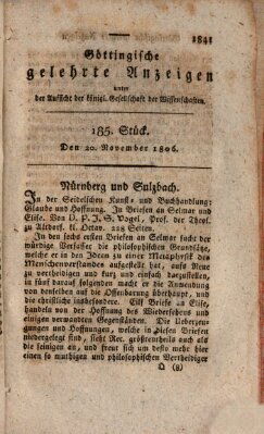 Göttingische gelehrte Anzeigen (Göttingische Zeitungen von gelehrten Sachen) Donnerstag 20. November 1806