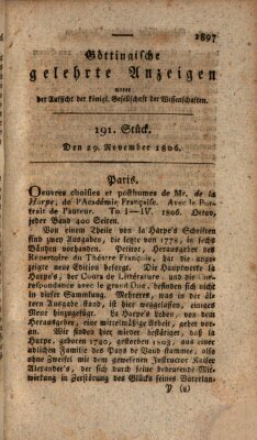 Göttingische gelehrte Anzeigen (Göttingische Zeitungen von gelehrten Sachen) Samstag 29. November 1806