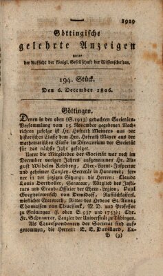 Göttingische gelehrte Anzeigen (Göttingische Zeitungen von gelehrten Sachen) Samstag 6. Dezember 1806