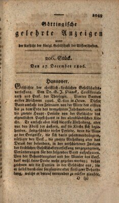 Göttingische gelehrte Anzeigen (Göttingische Zeitungen von gelehrten Sachen) Samstag 27. Dezember 1806