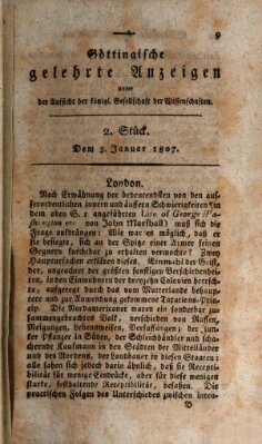Göttingische gelehrte Anzeigen (Göttingische Zeitungen von gelehrten Sachen) Samstag 3. Januar 1807