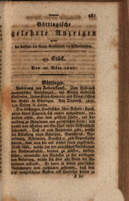 Göttingische gelehrte Anzeigen (Göttingische Zeitungen von gelehrten Sachen) Donnerstag 26. März 1807