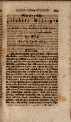 Göttingische gelehrte Anzeigen (Göttingische Zeitungen von gelehrten Sachen) Montag 13. April 1807