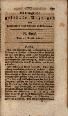 Göttingische gelehrte Anzeigen (Göttingische Zeitungen von gelehrten Sachen) Samstag 25. April 1807