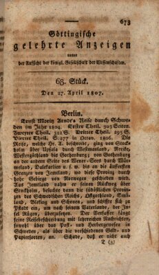 Göttingische gelehrte Anzeigen (Göttingische Zeitungen von gelehrten Sachen) Montag 27. April 1807