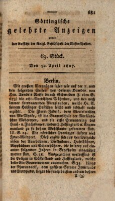 Göttingische gelehrte Anzeigen (Göttingische Zeitungen von gelehrten Sachen) Donnerstag 30. April 1807