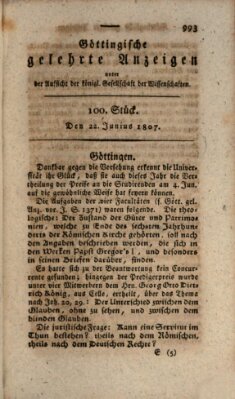 Göttingische gelehrte Anzeigen (Göttingische Zeitungen von gelehrten Sachen) Montag 22. Juni 1807