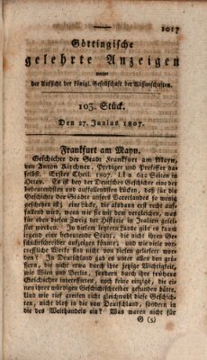 Göttingische gelehrte Anzeigen (Göttingische Zeitungen von gelehrten Sachen) Samstag 27. Juni 1807