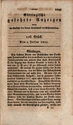 Göttingische gelehrte Anzeigen (Göttingische Zeitungen von gelehrten Sachen) Samstag 4. Juli 1807