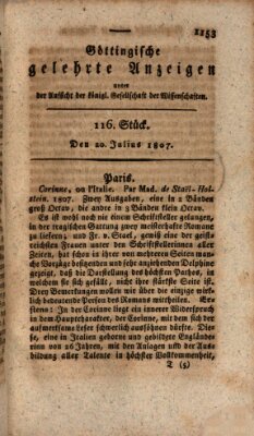 Göttingische gelehrte Anzeigen (Göttingische Zeitungen von gelehrten Sachen) Montag 20. Juli 1807