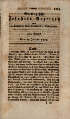 Göttingische gelehrte Anzeigen (Göttingische Zeitungen von gelehrten Sachen) Montag 27. Juli 1807