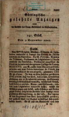 Göttingische gelehrte Anzeigen (Göttingische Zeitungen von gelehrten Sachen) Donnerstag 3. September 1807