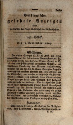 Göttingische gelehrte Anzeigen (Göttingische Zeitungen von gelehrten Sachen) Samstag 5. September 1807