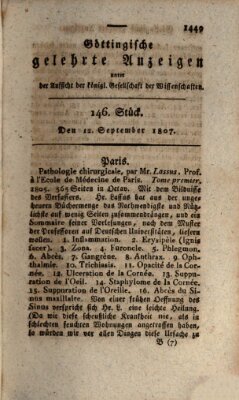 Göttingische gelehrte Anzeigen (Göttingische Zeitungen von gelehrten Sachen) Samstag 12. September 1807