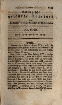 Göttingische gelehrte Anzeigen (Göttingische Zeitungen von gelehrten Sachen) Samstag 19. September 1807