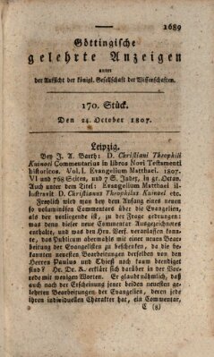 Göttingische gelehrte Anzeigen (Göttingische Zeitungen von gelehrten Sachen) Samstag 24. Oktober 1807