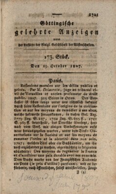 Göttingische gelehrte Anzeigen (Göttingische Zeitungen von gelehrten Sachen) Donnerstag 29. Oktober 1807