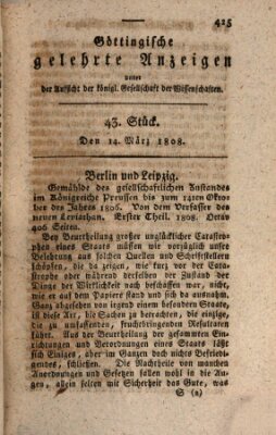 Göttingische gelehrte Anzeigen (Göttingische Zeitungen von gelehrten Sachen) Montag 14. März 1808