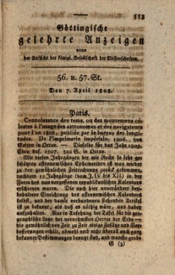 Göttingische gelehrte Anzeigen (Göttingische Zeitungen von gelehrten Sachen) Donnerstag 7. April 1808