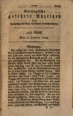 Göttingische gelehrte Anzeigen (Göttingische Zeitungen von gelehrten Sachen) Montag 27. Juni 1808