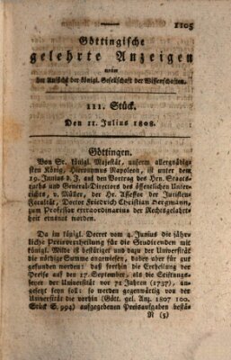 Göttingische gelehrte Anzeigen (Göttingische Zeitungen von gelehrten Sachen) Montag 11. Juli 1808