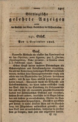 Göttingische gelehrte Anzeigen (Göttingische Zeitungen von gelehrten Sachen) Samstag 3. September 1808