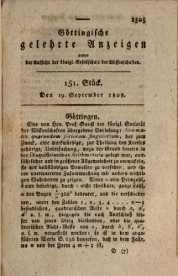 Göttingische gelehrte Anzeigen (Göttingische Zeitungen von gelehrten Sachen) Montag 19. September 1808