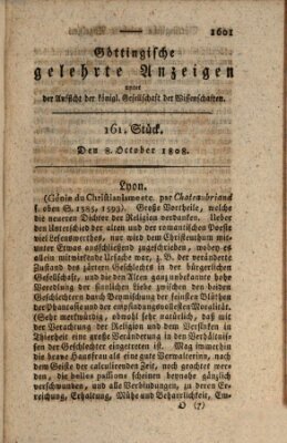 Göttingische gelehrte Anzeigen (Göttingische Zeitungen von gelehrten Sachen) Samstag 8. Oktober 1808