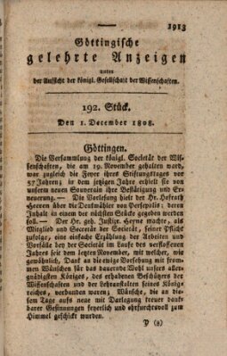 Göttingische gelehrte Anzeigen (Göttingische Zeitungen von gelehrten Sachen) Donnerstag 1. Dezember 1808