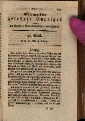 Göttingische gelehrte Anzeigen (Göttingische Zeitungen von gelehrten Sachen) Samstag 18. März 1809