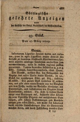 Göttingische gelehrte Anzeigen (Göttingische Zeitungen von gelehrten Sachen) Montag 27. März 1809