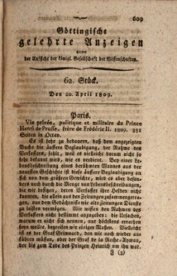 Göttingische gelehrte Anzeigen (Göttingische Zeitungen von gelehrten Sachen) Donnerstag 20. April 1809