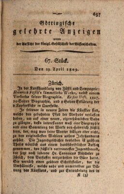 Göttingische gelehrte Anzeigen (Göttingische Zeitungen von gelehrten Sachen) Samstag 29. April 1809