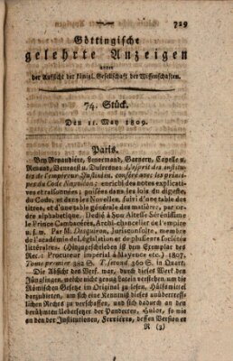 Göttingische gelehrte Anzeigen (Göttingische Zeitungen von gelehrten Sachen) Donnerstag 11. Mai 1809