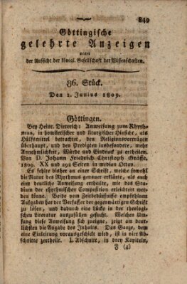 Göttingische gelehrte Anzeigen (Göttingische Zeitungen von gelehrten Sachen) Donnerstag 1. Juni 1809