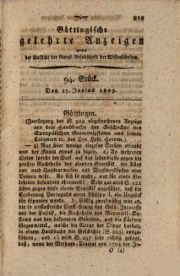 Göttingische gelehrte Anzeigen (Göttingische Zeitungen von gelehrten Sachen) Donnerstag 15. Juni 1809