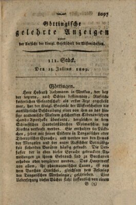 Göttingische gelehrte Anzeigen (Göttingische Zeitungen von gelehrten Sachen) Samstag 15. Juli 1809